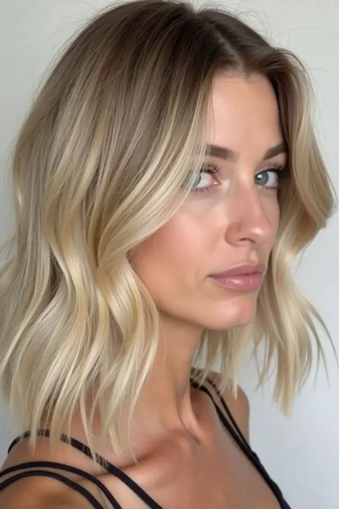 Sandy blonde bob with airy movement.