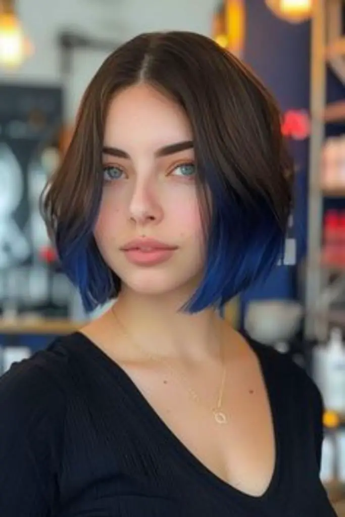 Deep blue bob with precise angles.