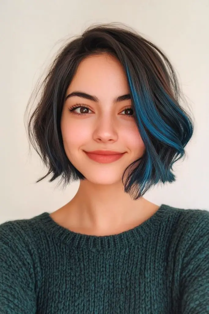Deep blue streaked layered bob.