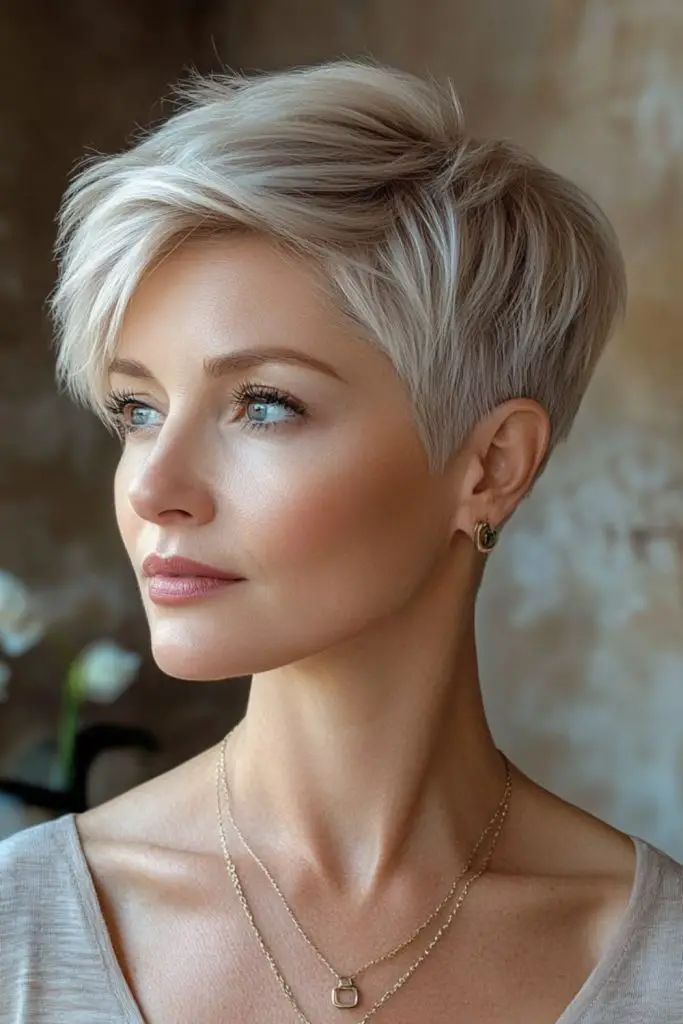 Side-swept pixie with tousled movement.