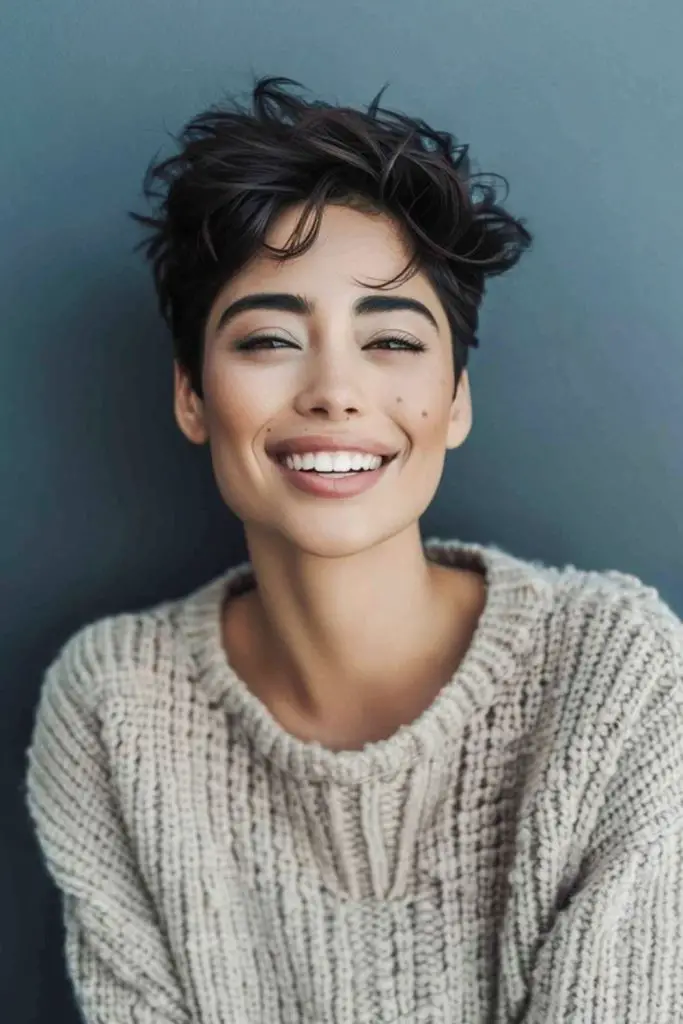 Structured pixie with sculpted wavy texture.