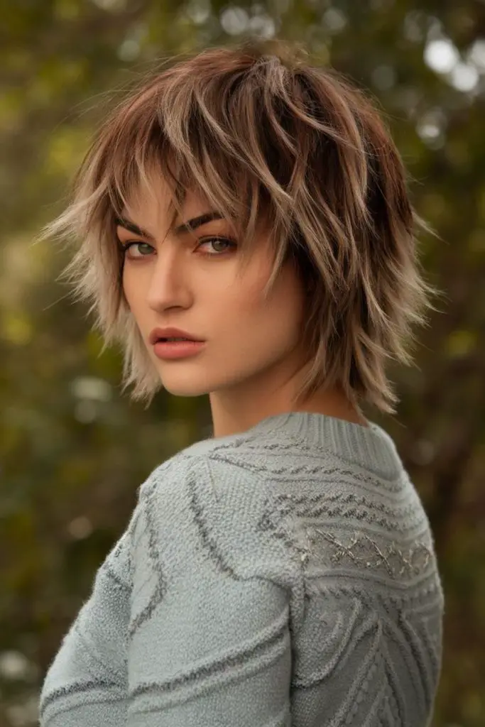 Layered shag cut with flicked tips.