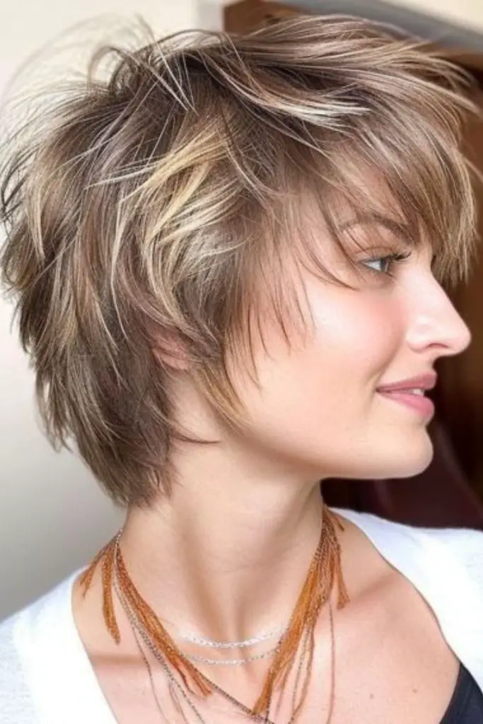 Layered short bob with wispy texture.