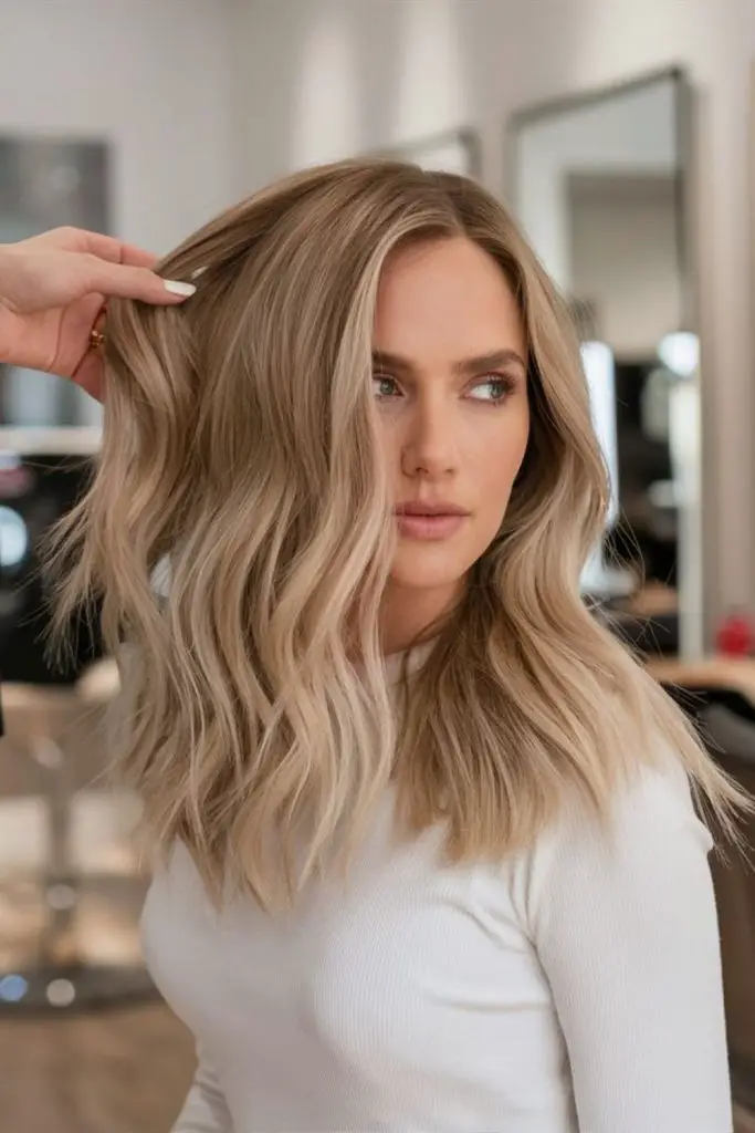 Beige blonde hair with flowing layers.