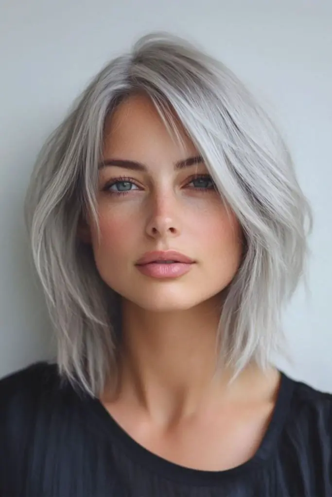 Platinum bob with soft flowing layers.