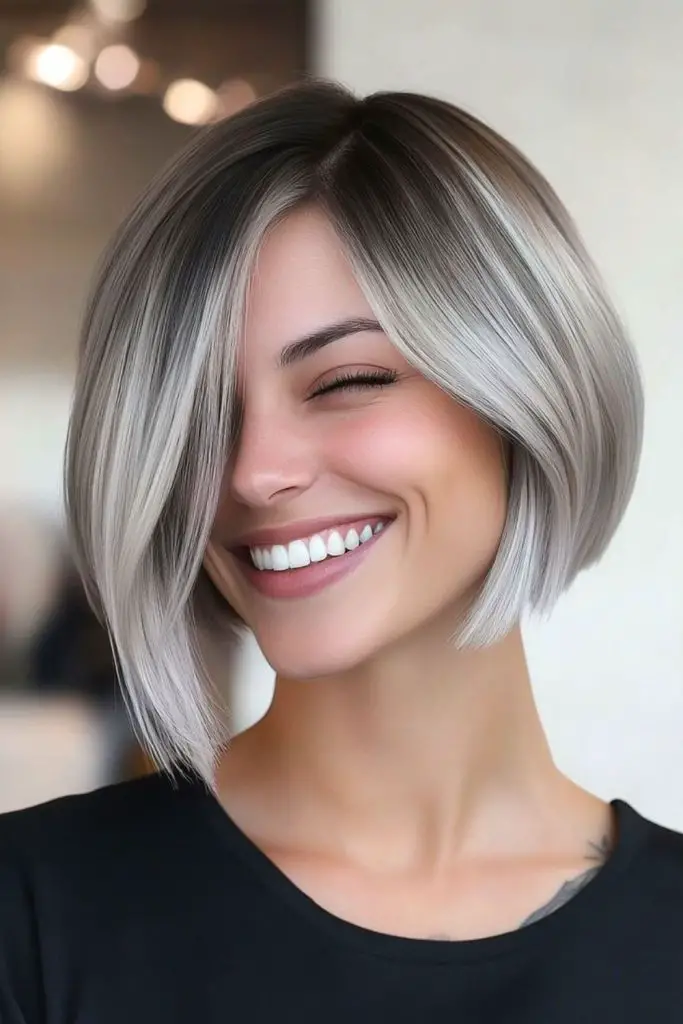 Metallic layered bob with futuristic appeal.