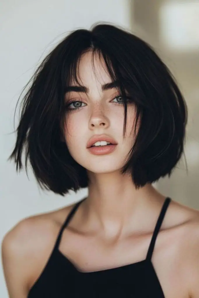 Windblown layered bob with natural lift.
