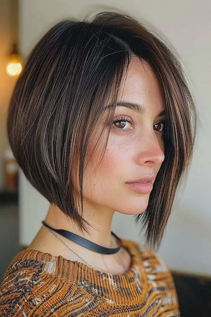 Sharp angled bob with smooth finish.