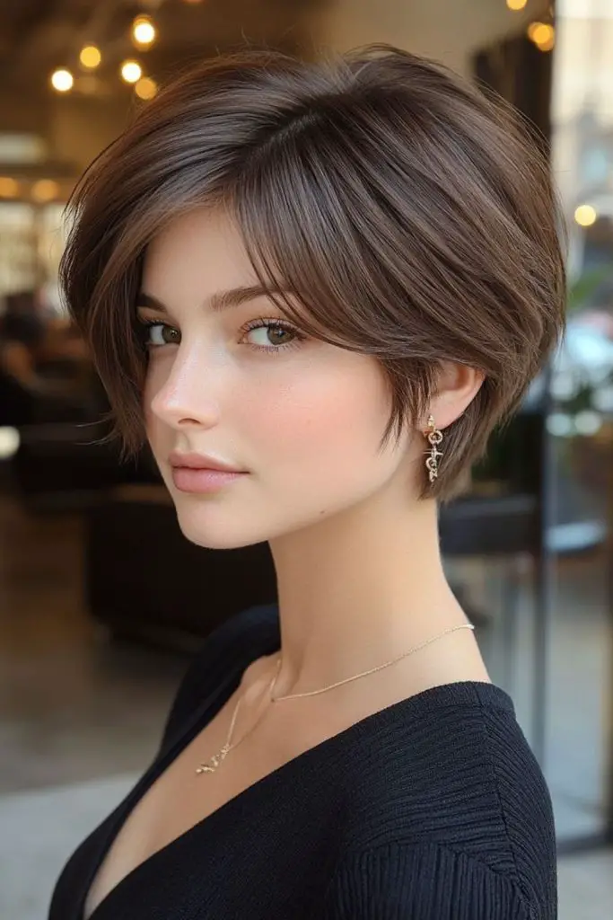 Sharp, polished bob with sleek shine.