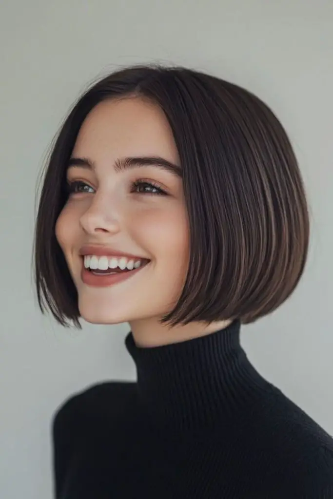 Straight sleek bob with sharp edges.