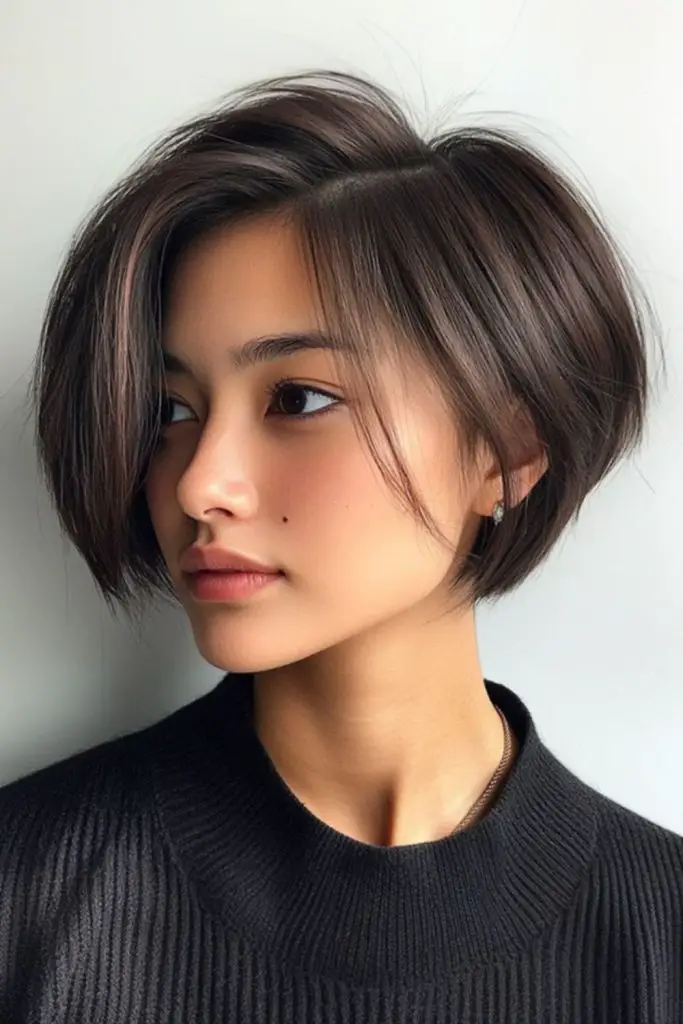 Deep side-part bob with sleek finish.