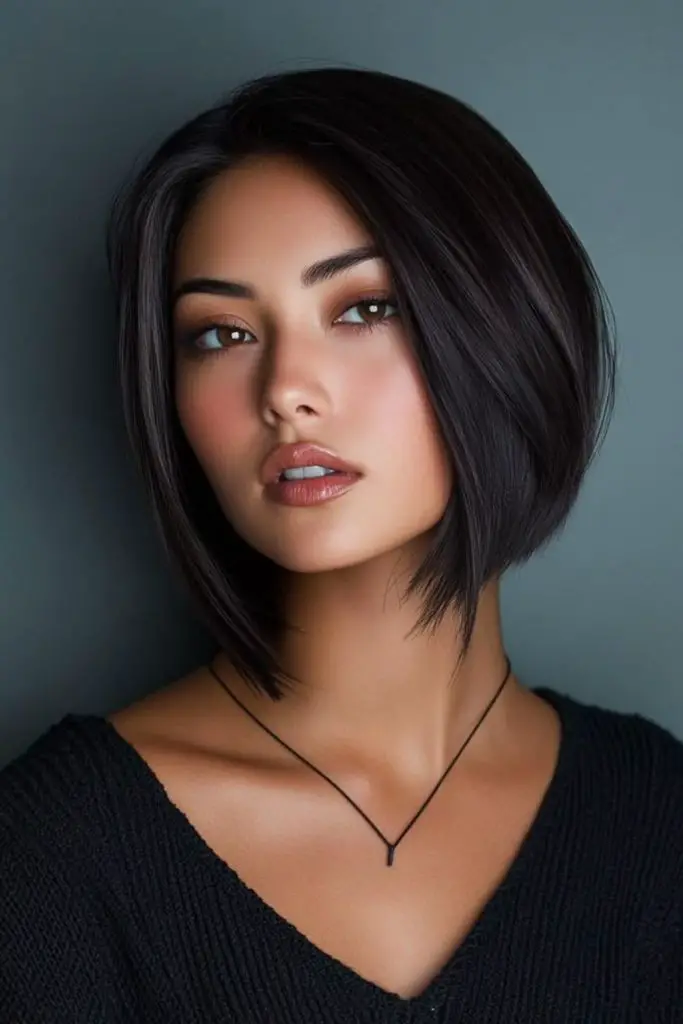Charcoal-hued bob with sleek layering.