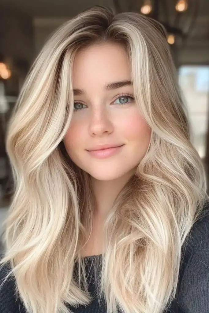 Platinum blonde waves with feathered edges.