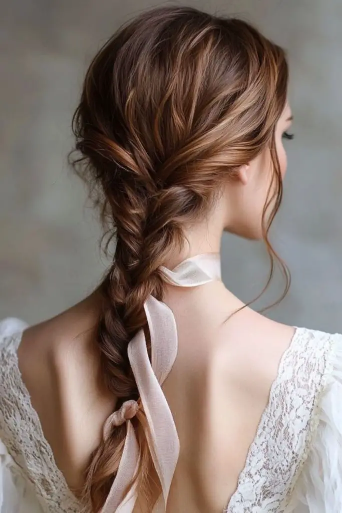 Elegant braids interwoven with delicate ribbon.