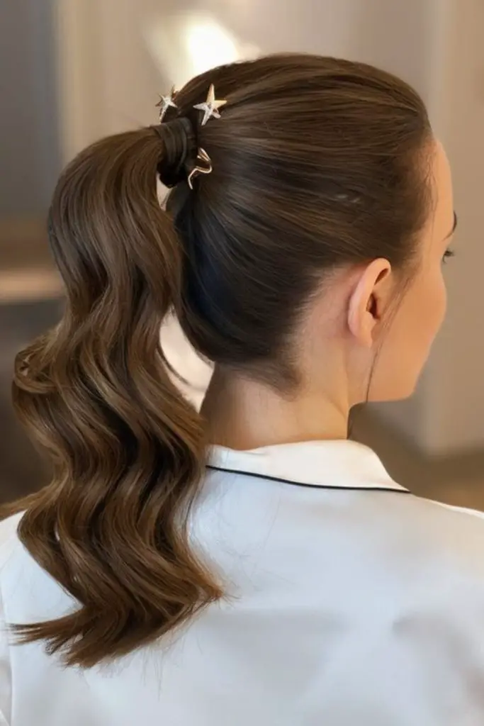 Sleek wrapped ponytail with shimmer.