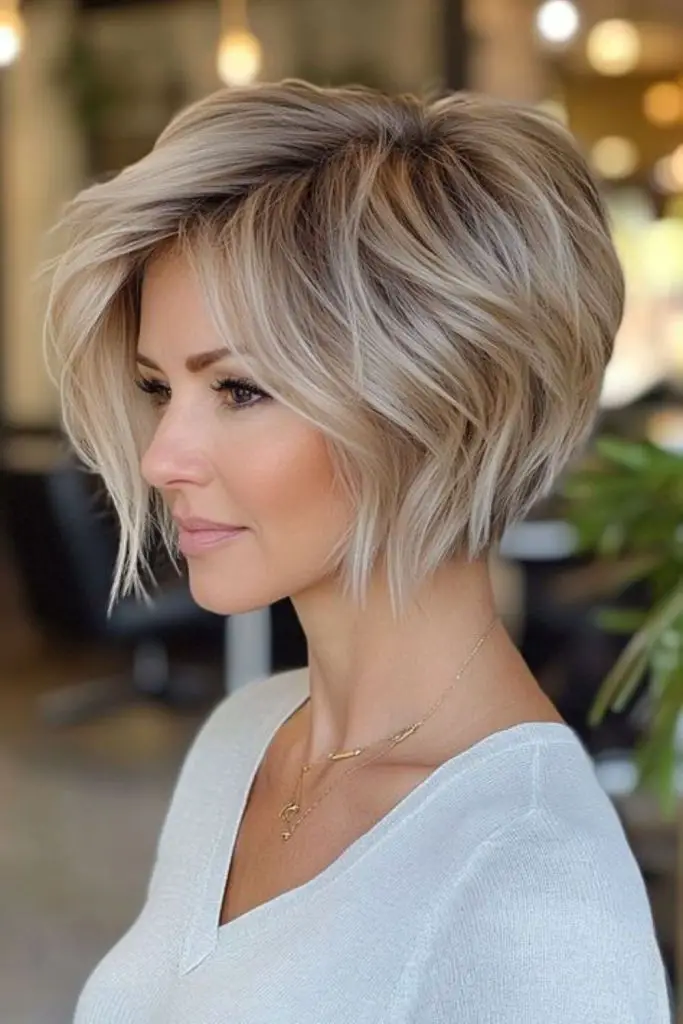 Silver-rooted bob with wavy movement.