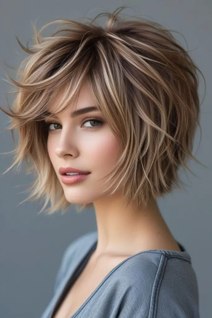 Wispy choppy bob with sunlit tones.