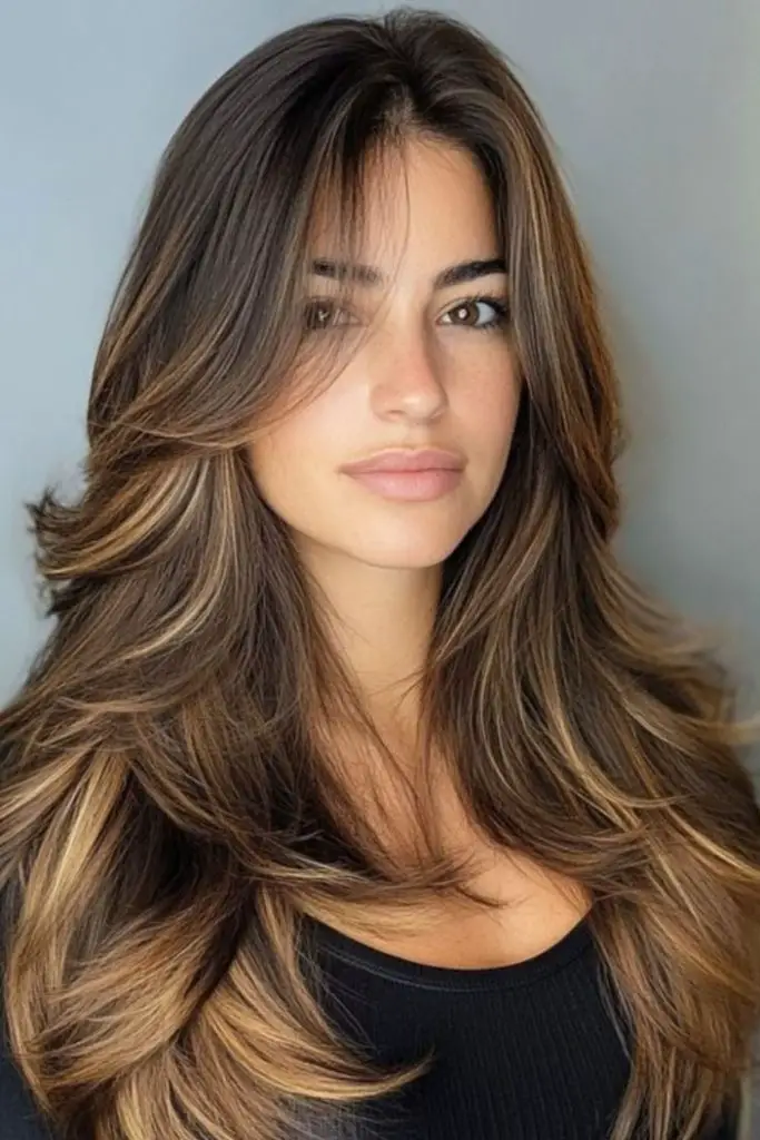 Golden waves with blended curtain bangs.