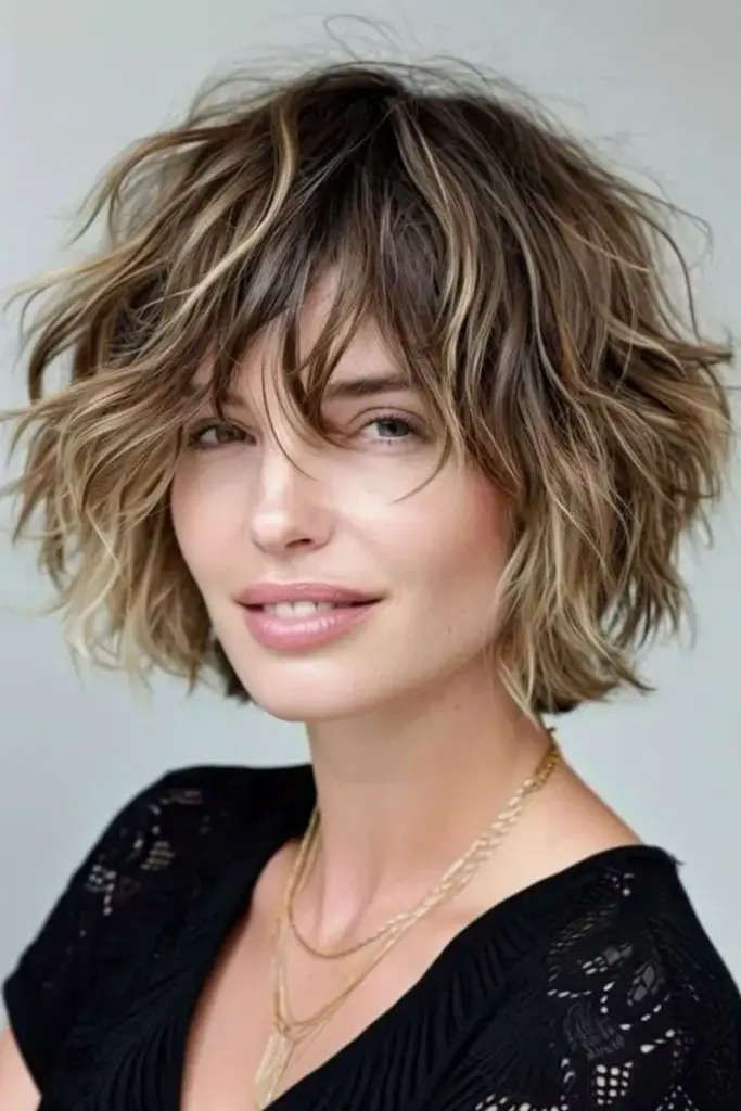 Wavy bob with tousled choppy texture.
