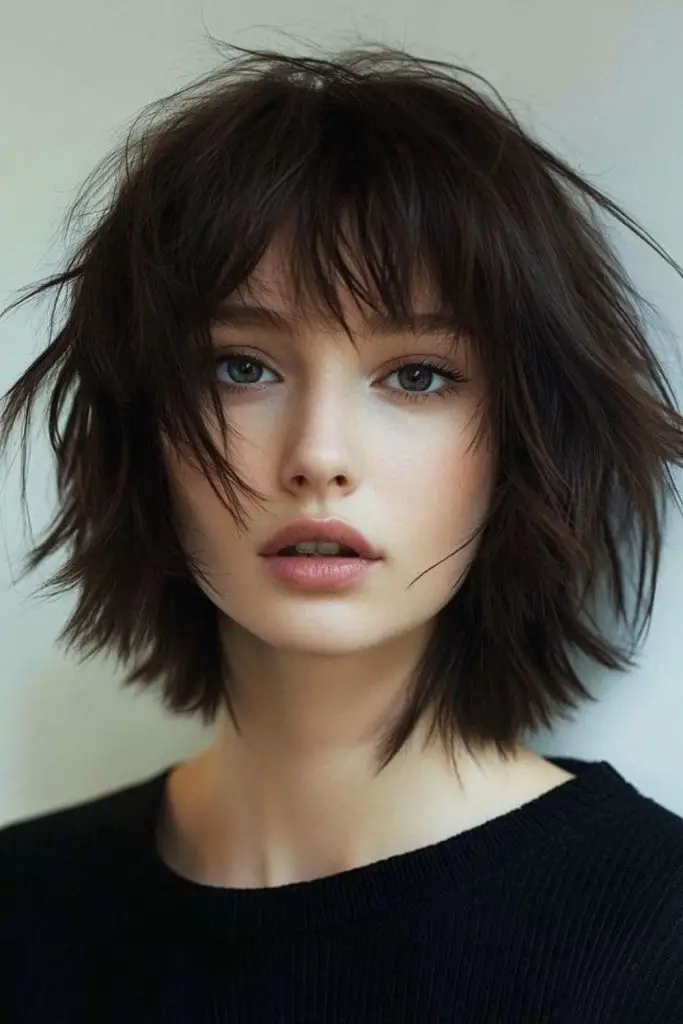 Tousled dark bob with choppy texture.