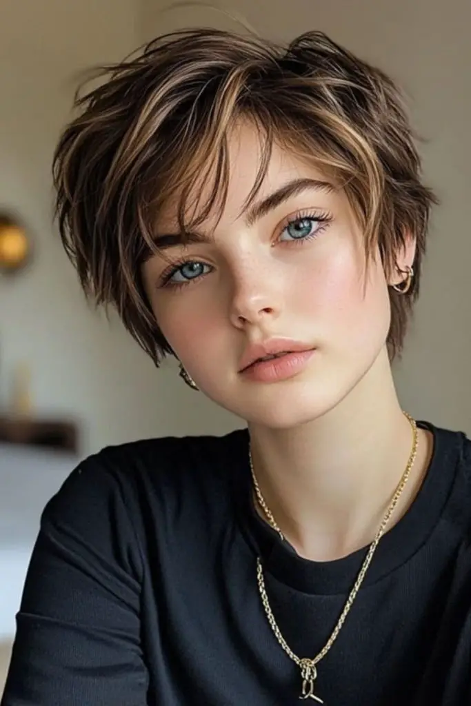Messy textured bob with pixie flair.