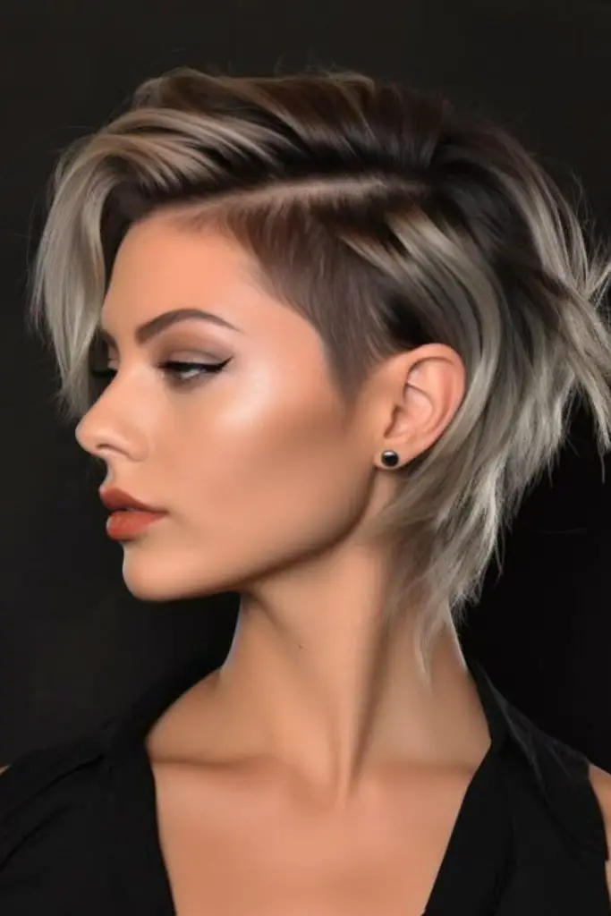 Hidden shaved undercut, bold contrast.