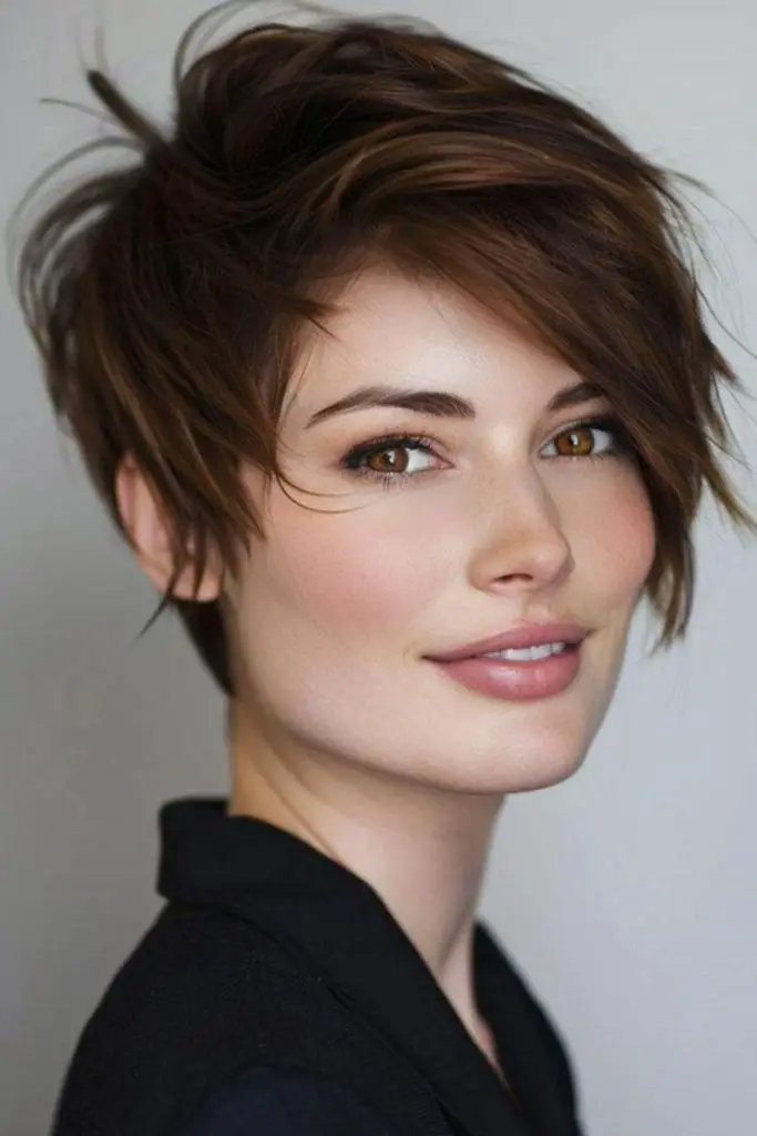 Cropped pixie with jagged, soft edges.
