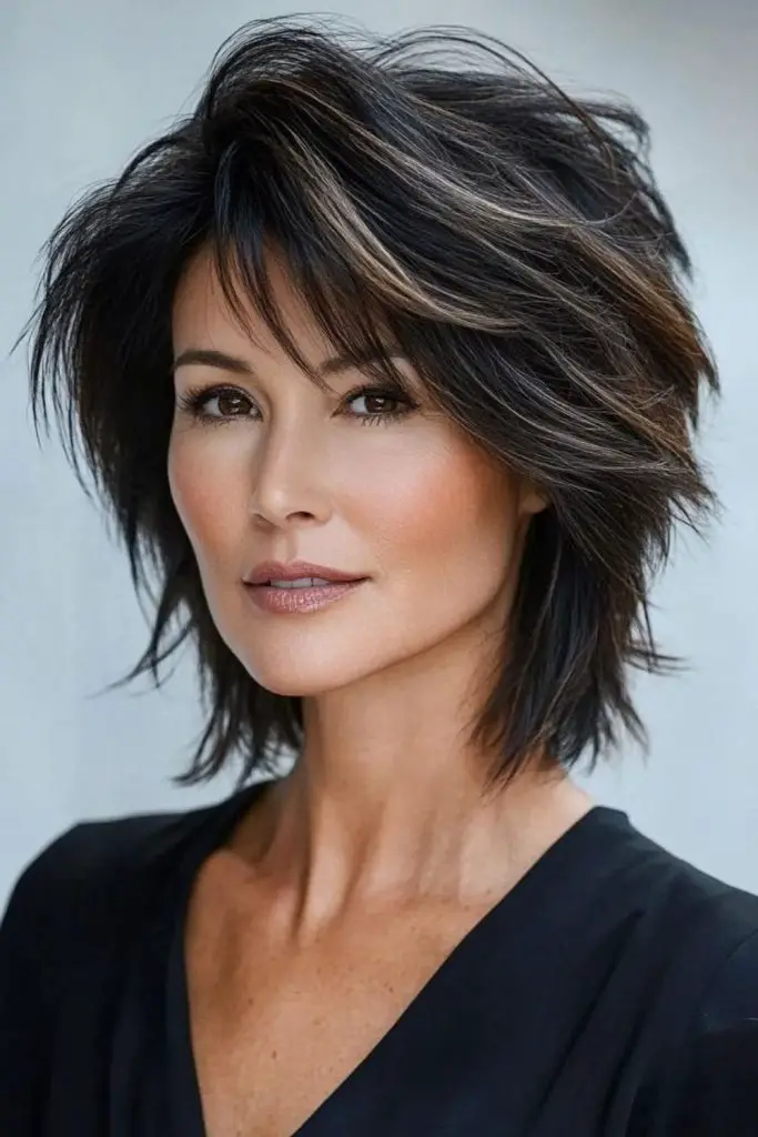 Messy choppy bob with feathered layers.