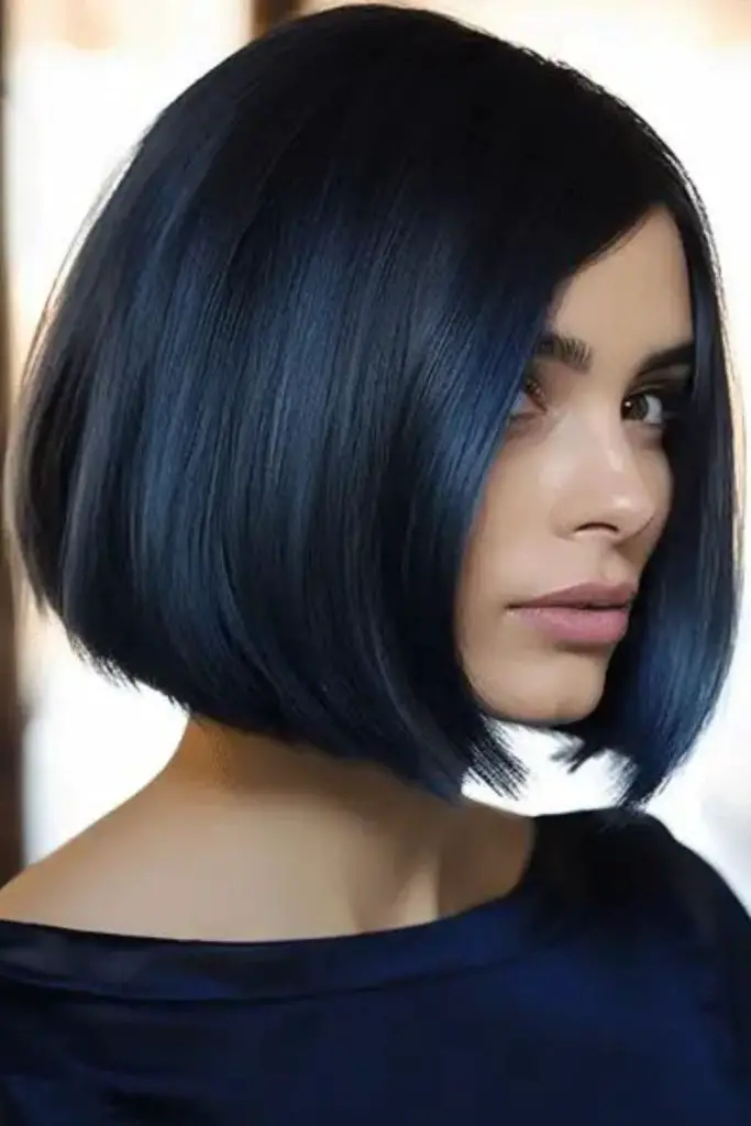 Smooth inky black bob with silky texture.