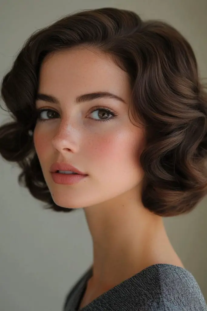 Retro wavy bob with sculpted curls.