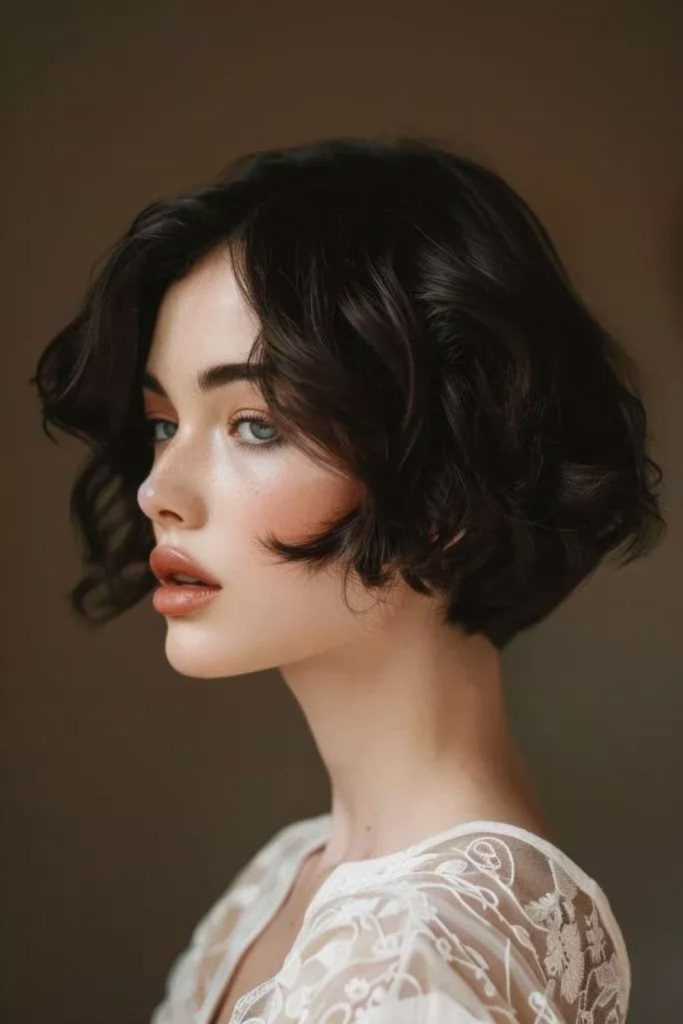 Sleek, retro bob with deep side part.