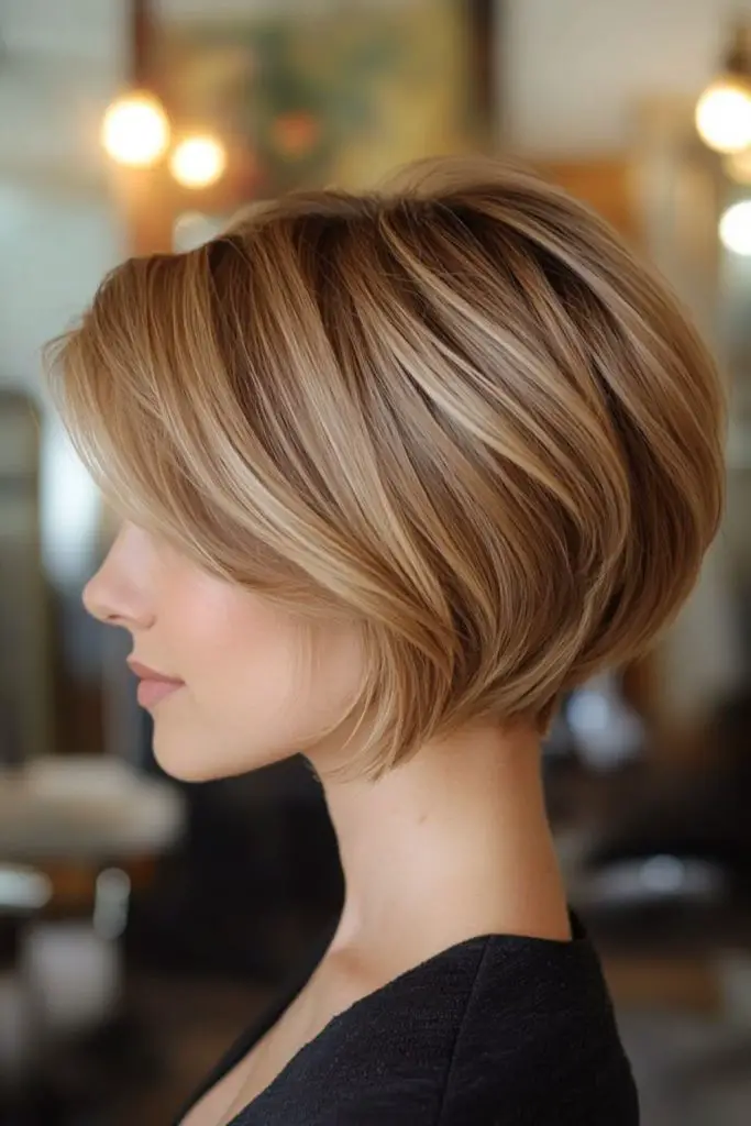 Layered wavy bob adding fullness.