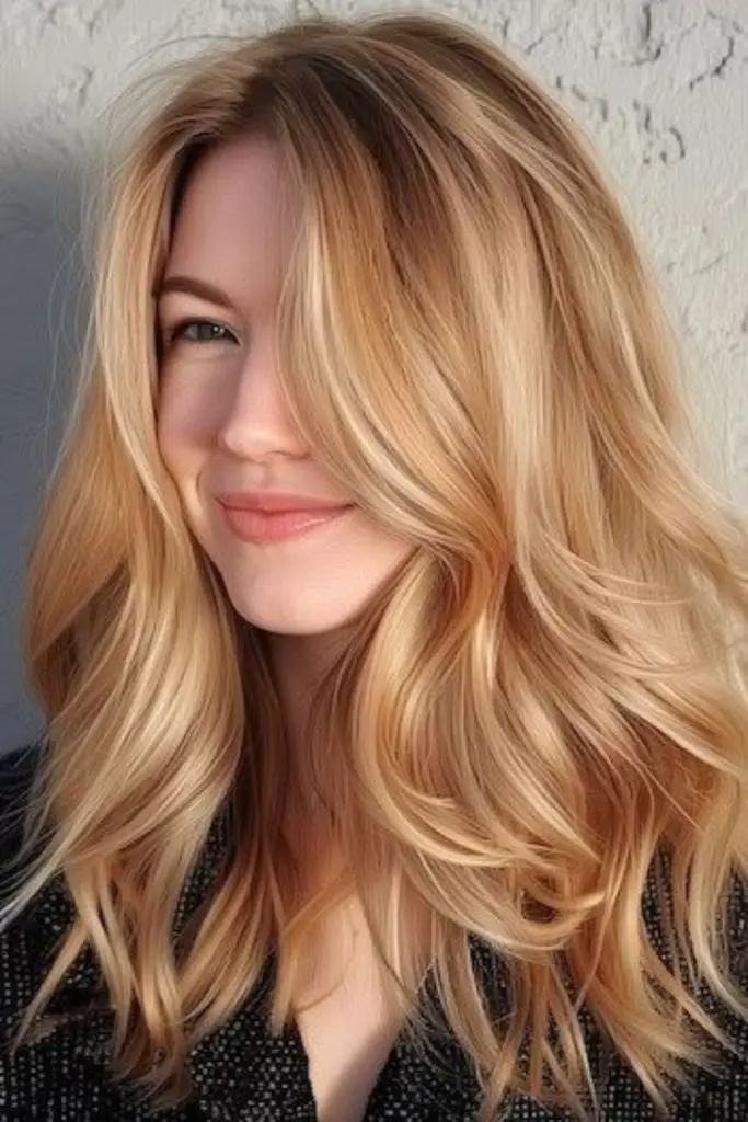 Honey caramel blonde with blended waves.