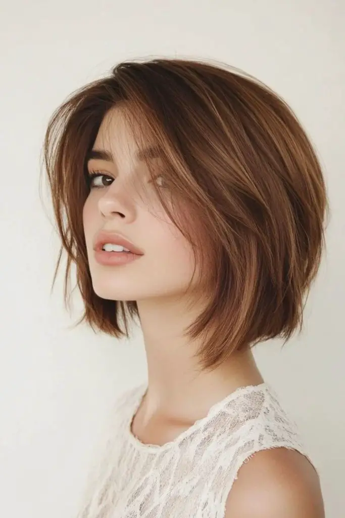 Copper-toned bob with soft waves.