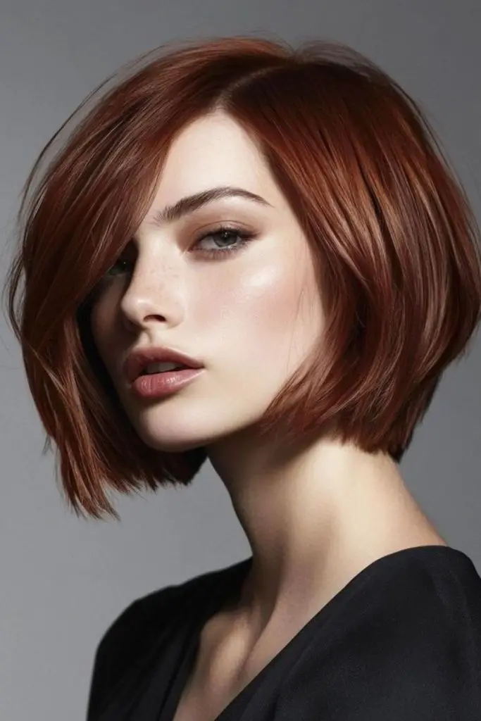 Tousled fiery bob with bold movement.