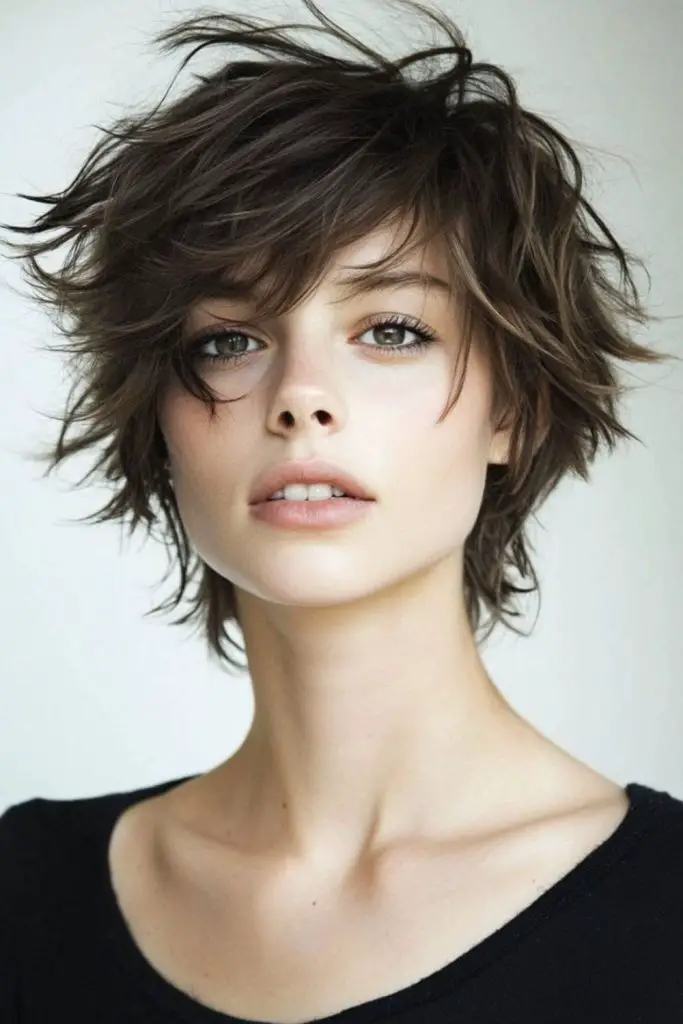 Messy layered wolf cut, wild energy.