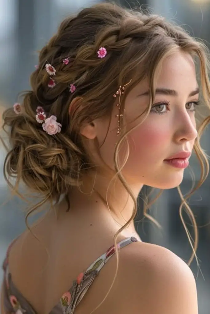 Soft low bun with floral accents.