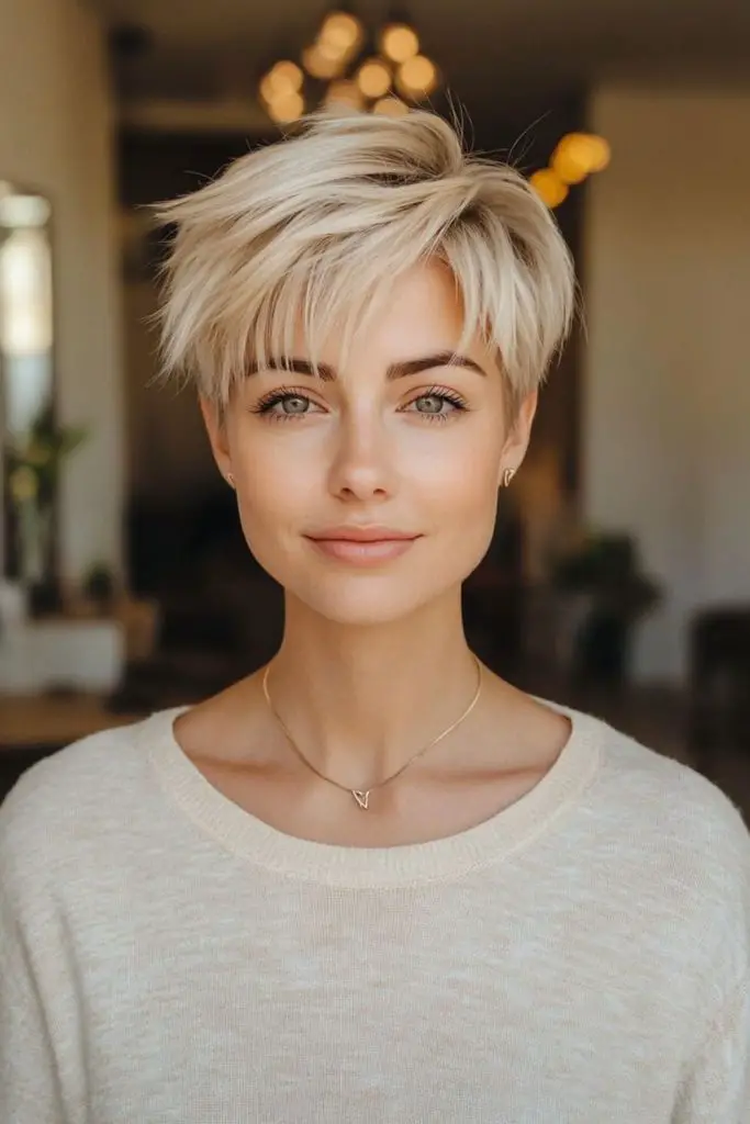 Tousled pixie with effortless movement.