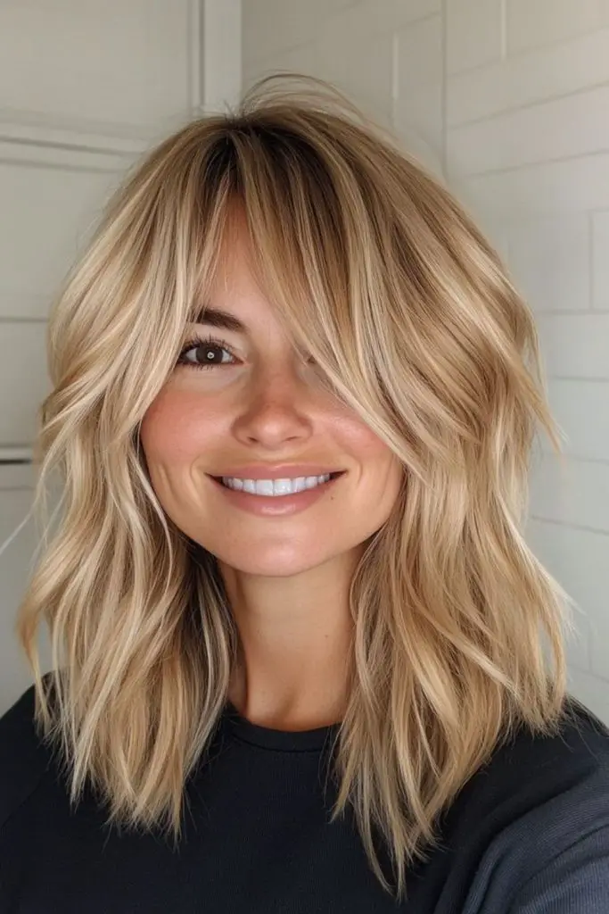 Wheat blonde shag with tousled texture.