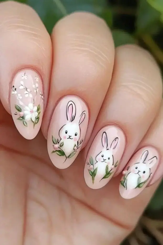 Cute pink nails with bunny graphics