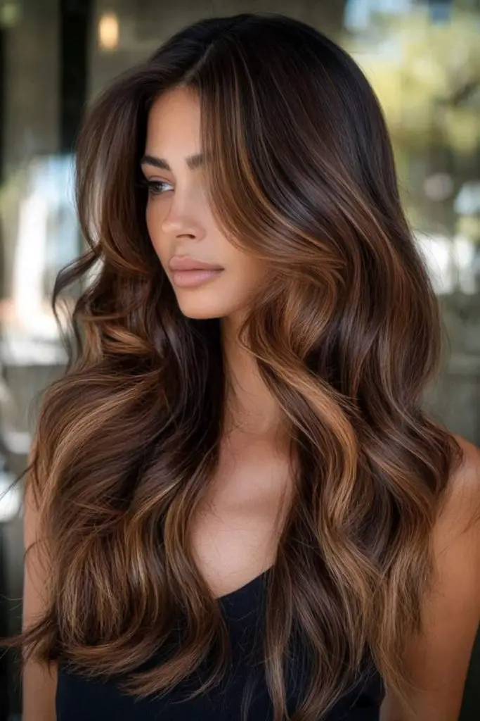 Burnt maple balayage with natural waves