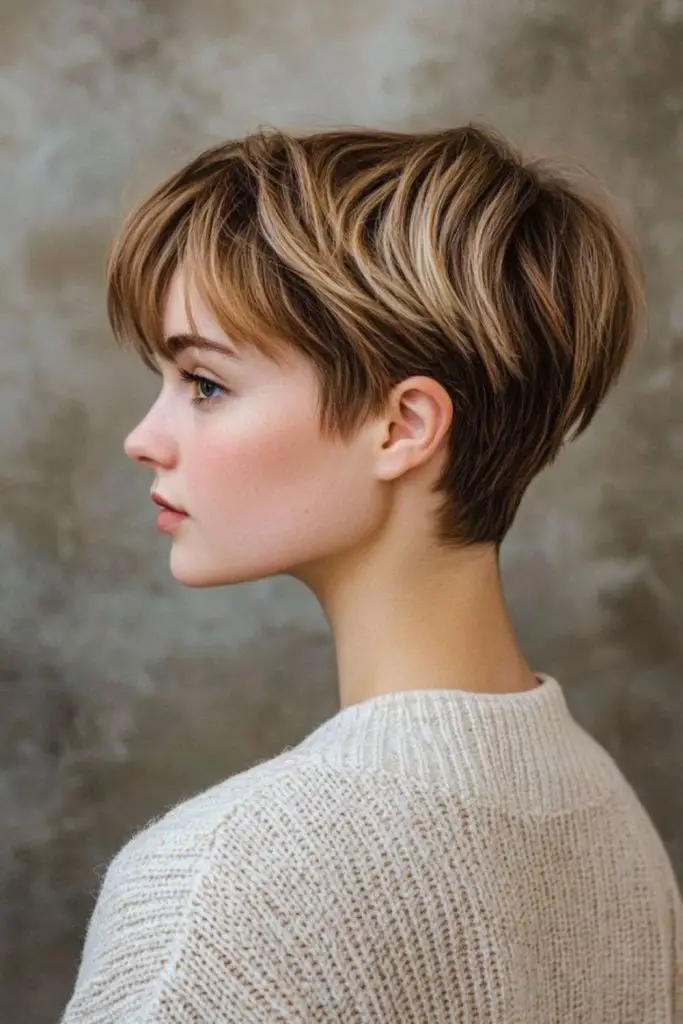 Sharp pixie laced in caramel glow
