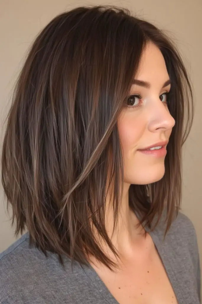 Layered lob adds movement and texture.