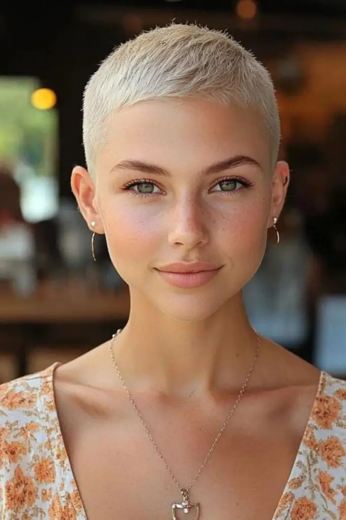 Steel blonde minimalist buzz cut.