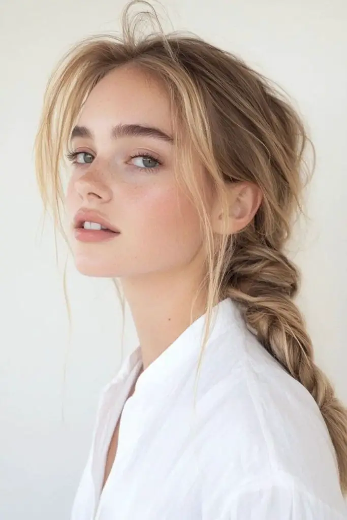 Ashen cindered textured fishtail braid style.