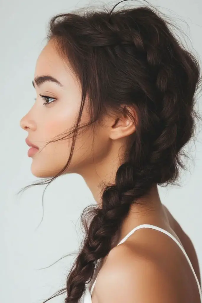 Dusky soft fishtail braid silhouette.