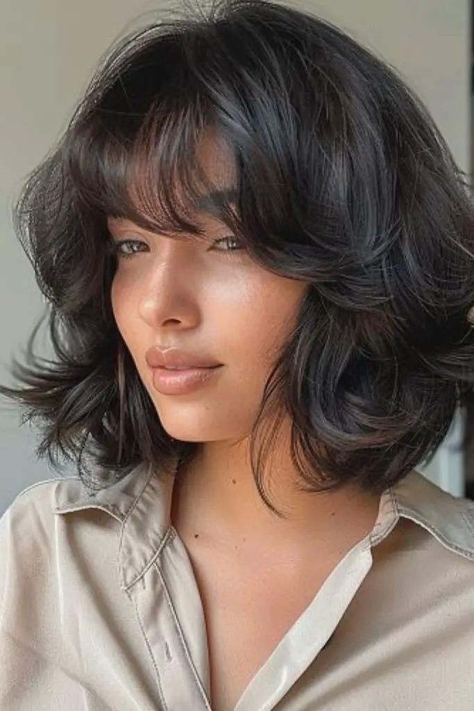 Short butterfly bob with swirled texture.