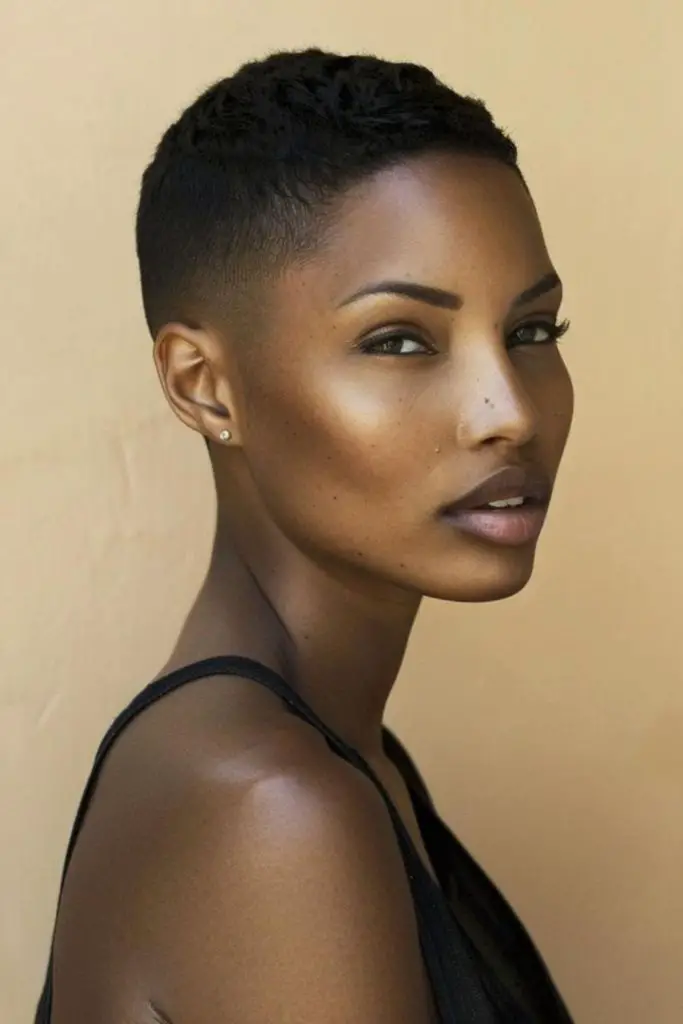 All-black sharp buzzed haircut.