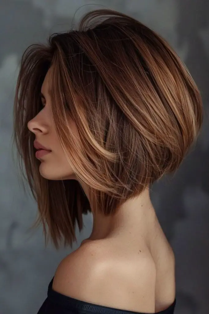 Angled bob with swooping, lifted style.