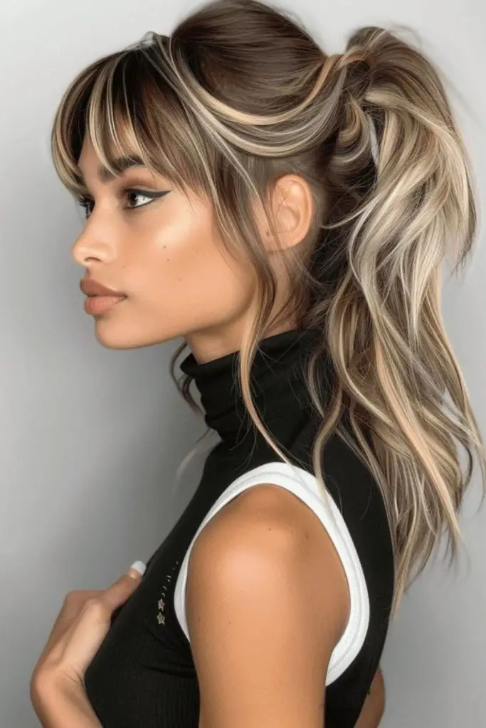 Voluminous ponytail with pulled-out strands.